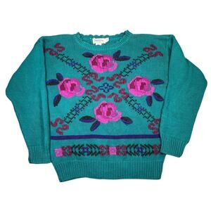 American Weekend Knit Floral Sweater Teal Ramie Cotton Vintage
